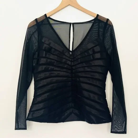 Vintage Dressbarn Women's Black Ribbed 90s Goth V-neck Corset Style Blouse sz 10 - Picture 1 of 13